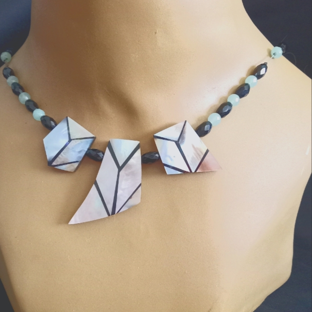 Vintage Mother of Pearl Inlay w/ Jade beads Crystal Necklace